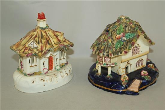 Six Staffordshire porcelain thatched roof models of houses and cottages, mid 19th century, height 10.5 - 15.5cm